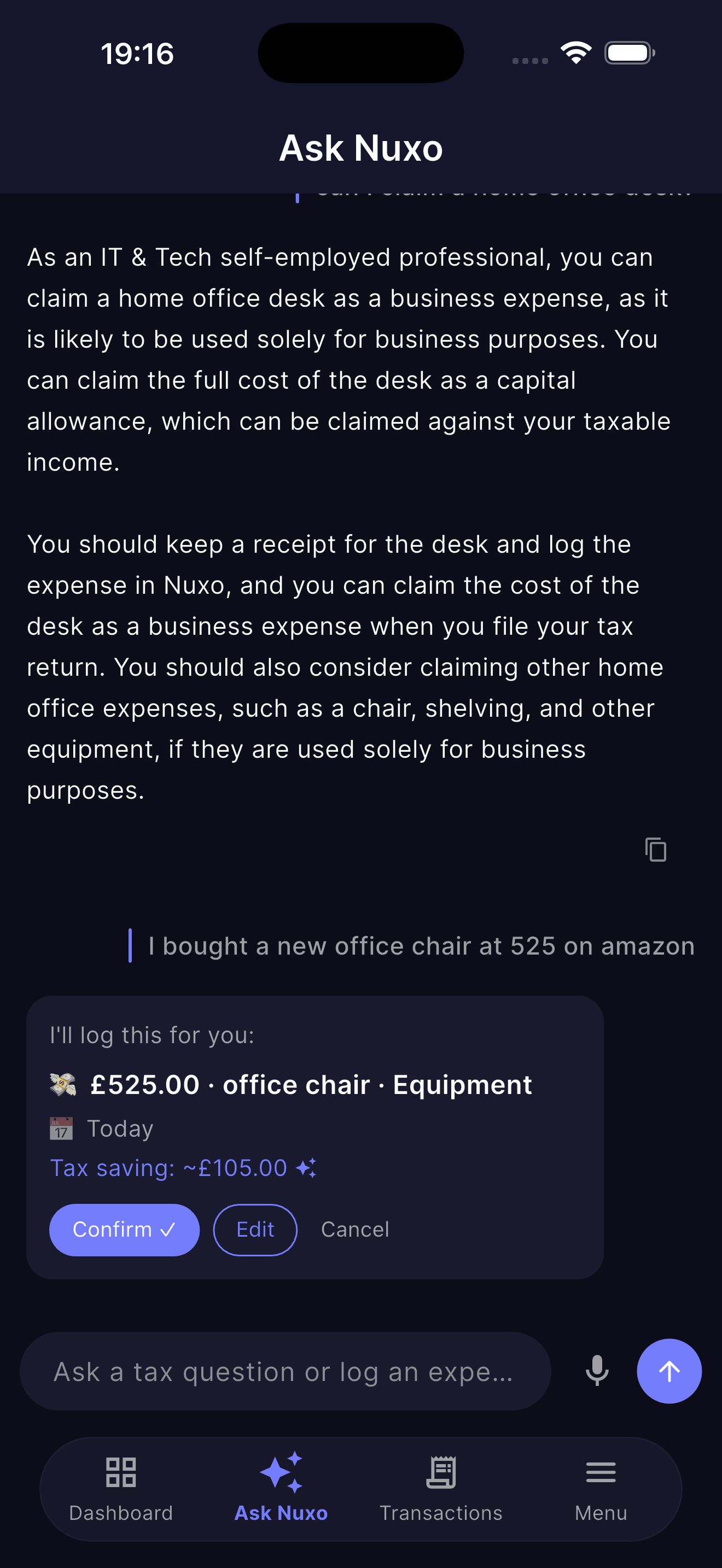 Ask Nuxo chat answering a tax deduction question